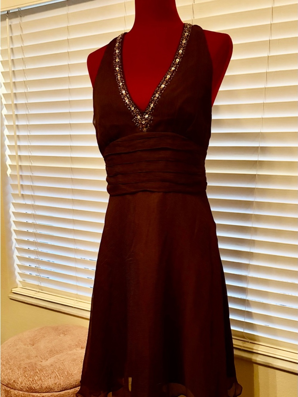 Robbie Bee Chocolate Brown V-Neck Embellished A-Line Dress
